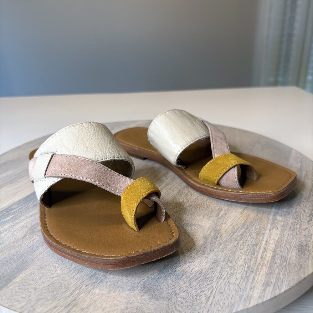 Frye Felix Sandals Women's 7M Leather Suede Slip On Slide Flats Tan Multi Color
